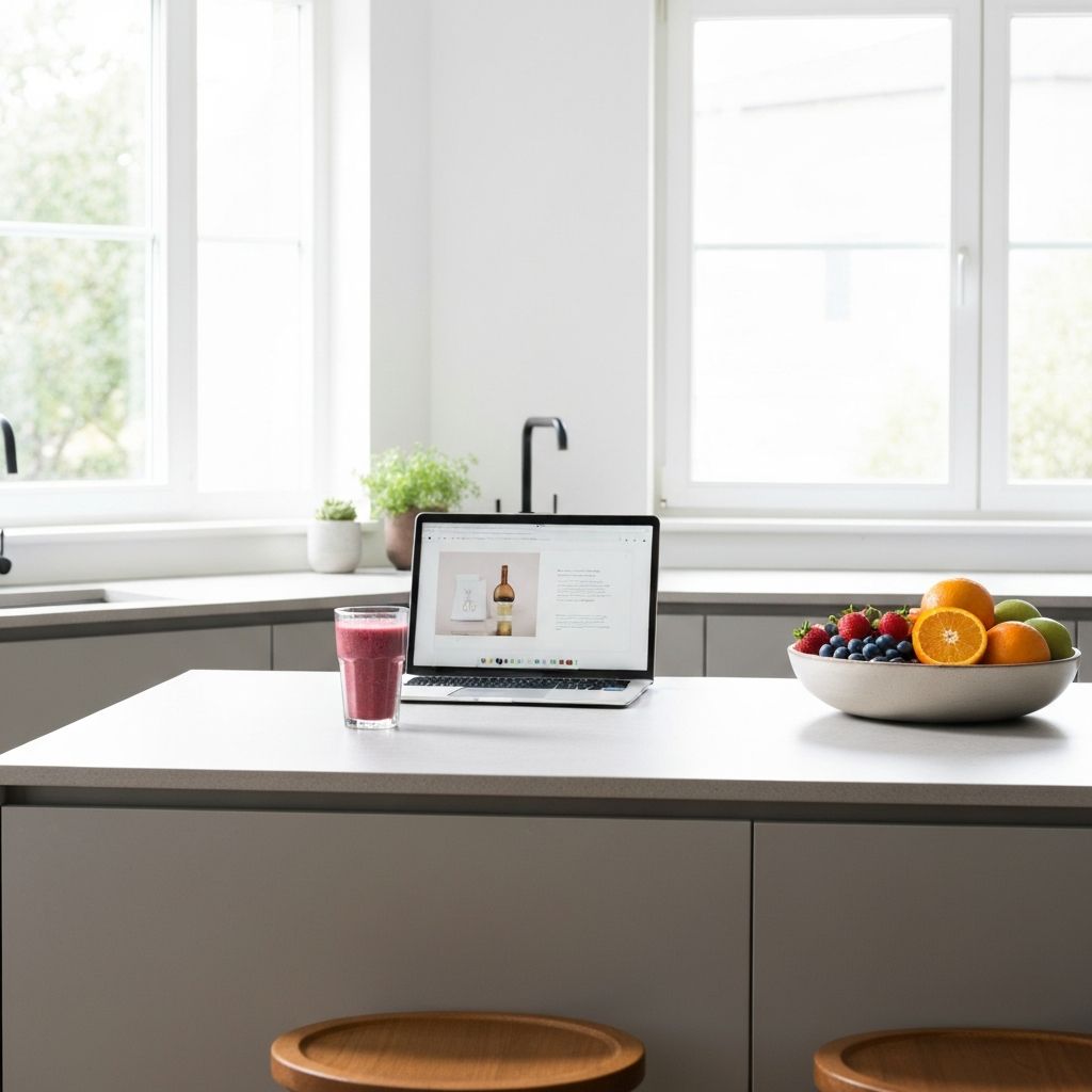 Minimalistička moderna kuhinja s voćem, smoothijem i laptopom uz prirodnu svjetlost
