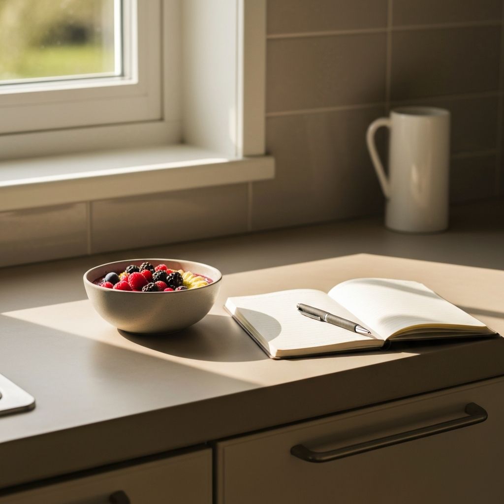 Jutarnje svjetlo kroz prozor, smoothie posuda s bobicama, otvoren bilježnik s perom