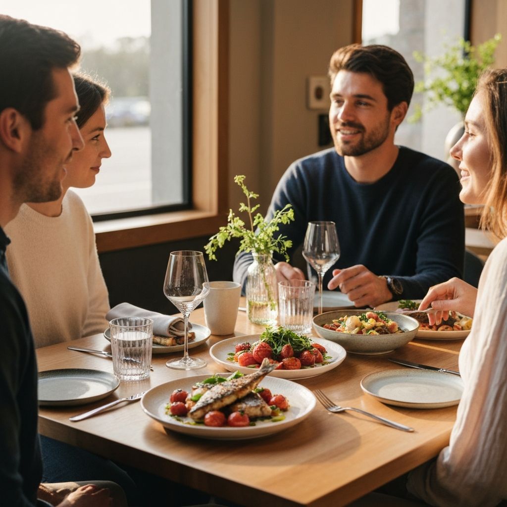 Moderni restoranskistol s zajedničkim jelima, prirodno svjetlo, društveno okruženje
